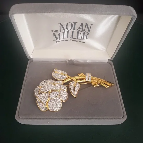 Nolan‎ Miller Brooch Large Pave Rhinestone Rose Flower Glamour Collection IOB